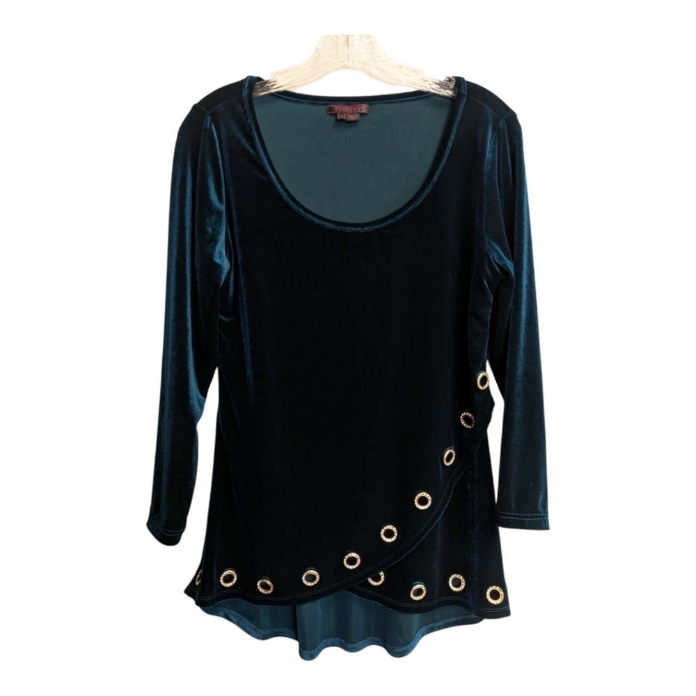 Fontana Velvet Long Sleeve Shirt Blouse Teal Rhinestone